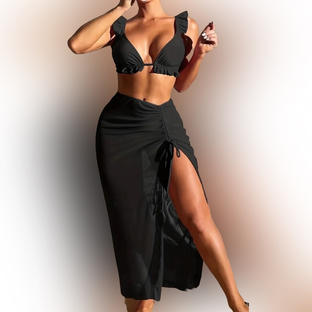 3pc Black Ruffle Lettuce Trim Bikini Set with Drawstring Skirt Cover Up